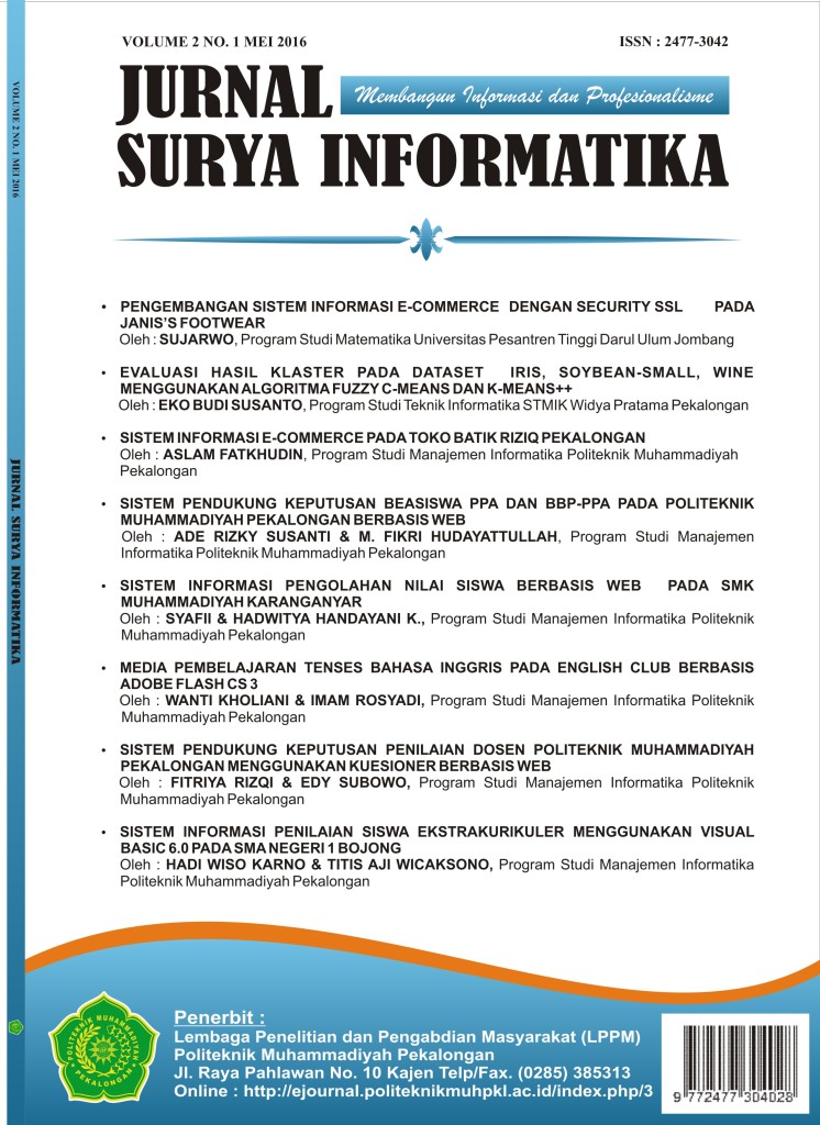 					View Vol. 2 No. 1 (2016): Jurnal Surya Informatika, Vol . 2, No. 1, Mei 2016
				
